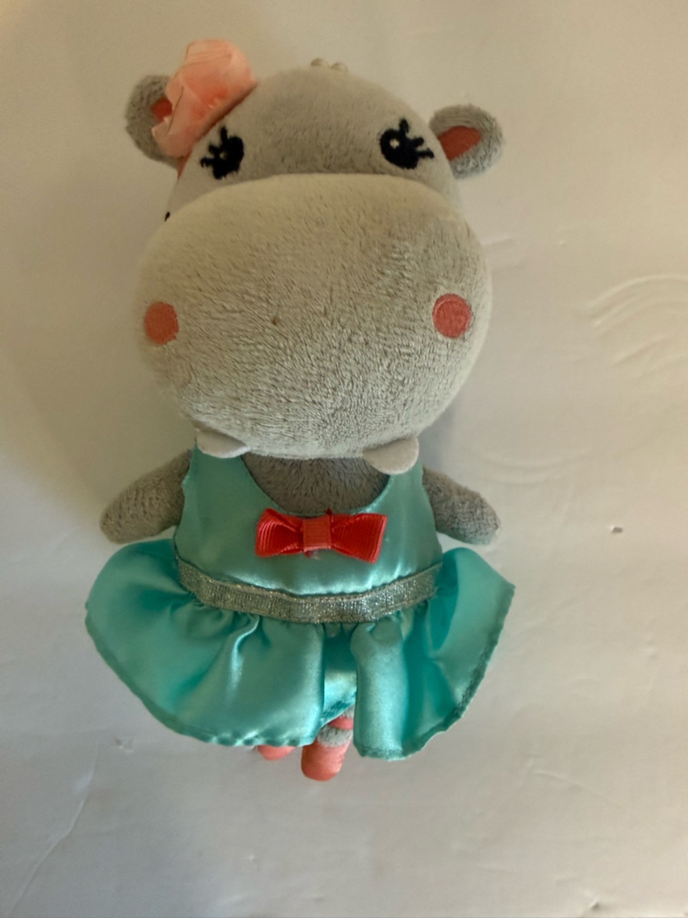 Gymboree Gray Hippo Plush Coin Purse in Teal Satin Dress with Coral Bow